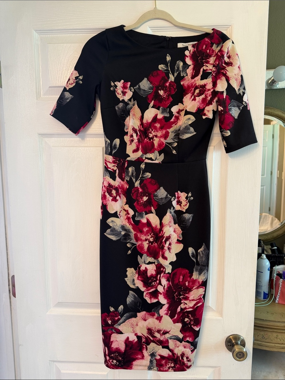 White House Black Market Black Midi Dress with Burgundy and Cream Floral Print